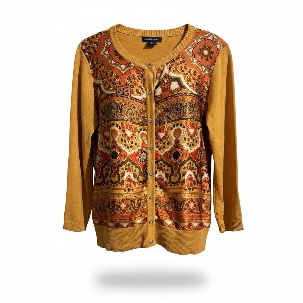 Sweaterworks Cardigan Womens Medium Gold Silk Vintage Paisley Scarf Print
